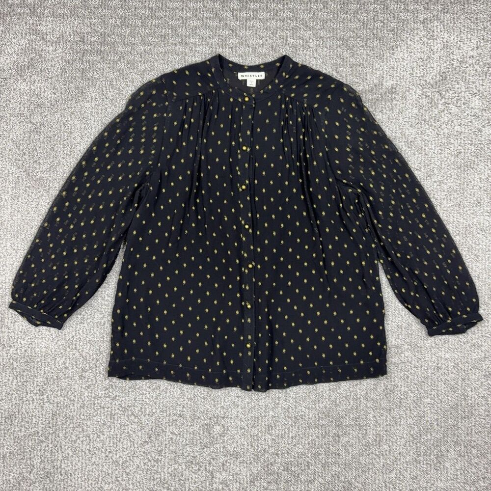 Whistles Blouse Womens Large Black Metallic Polka Dot Button Balloon Sleeve